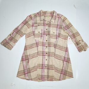 Free People Linen Blend Plaid Button Shirt Womens Medium Pink Tan Pockets NWT